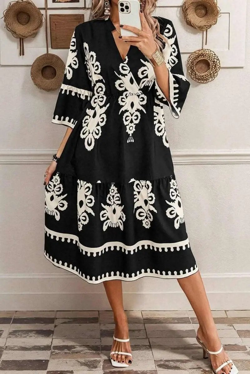 Black Western Geometric Print 3/4 Sleeve Loose Midi Dress - Love Salve